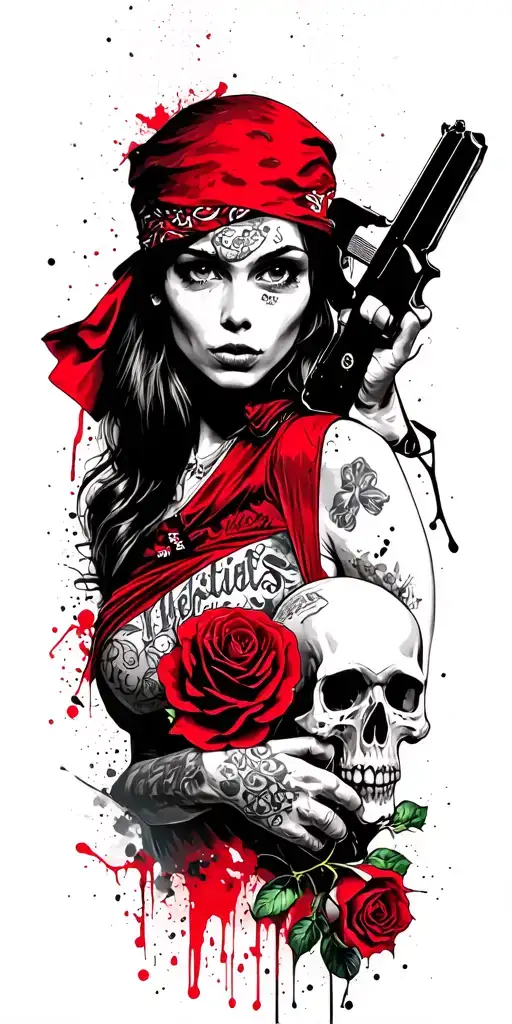gangster girl with bandana holding gun, a rose, skulls, tattoo design idea