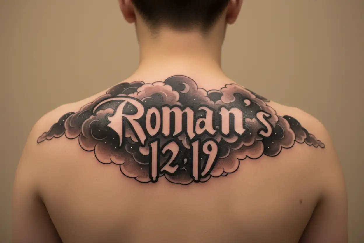 "Roman’s 12:19" clouds inside tattoo design idea