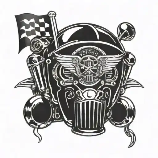 Beer mug with a motorcycle helmet and racing flags tattoo design idea