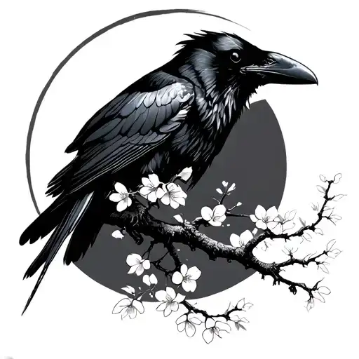 raven on a sakura tree tattoo design idea