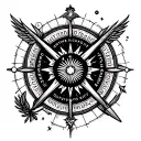 A detailed black and white design tattoo in the style of minimalist linear art, combining the symbols of political science. tattoo design idea