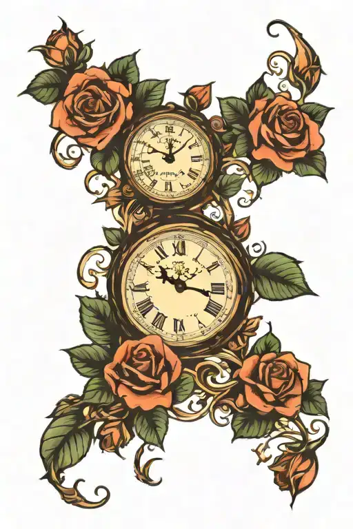 3 clocks in a line with vines and roses growing tattoo design idea