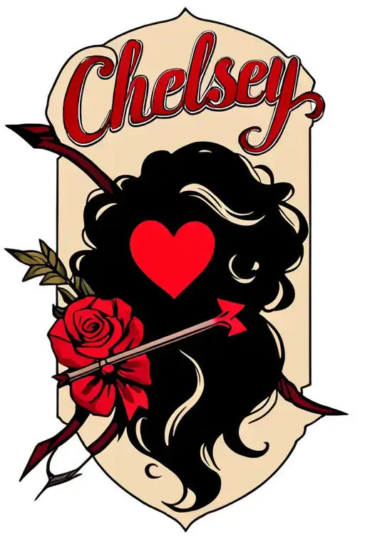 Chelsey name is red ink, cursive, with red heart and bow and arrow tattoo design idea