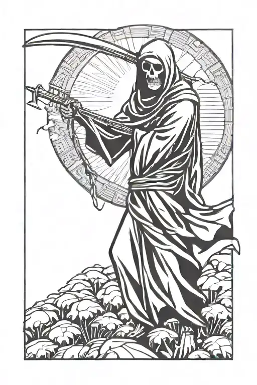 The Grim Reaper looks forward with the sun behind his head holding a sickle. tattoo design idea