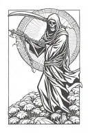 The Grim Reaper looks forward with the sun behind his head holding a sickle. tattoo design idea