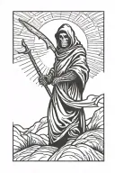 The Grim Reaper looks forward with the sun behind his head holding a sickle. tattoo design idea