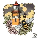 lighthouse and bumblebee flying tattoo design idea