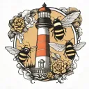 lighthouse and bumblebee flying tattoo design idea