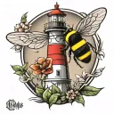 lighthouse and bumblebee flying tattoo design idea