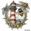 lighthouse and bumblebee flying tattoo design idea