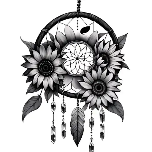 dreamcatcher with sunflowers crystals and a crescent moon tattoo design idea