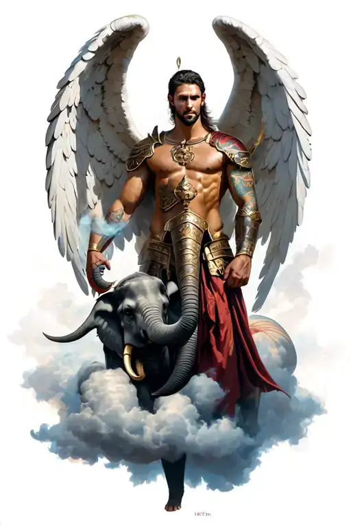 male warriot angel with an elephant in the clouds tattoo design idea