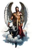 male warriot angel with an elephant in the clouds tattoo design idea