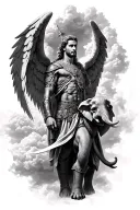 male warriot angel with an elephant in the clouds tattoo design idea