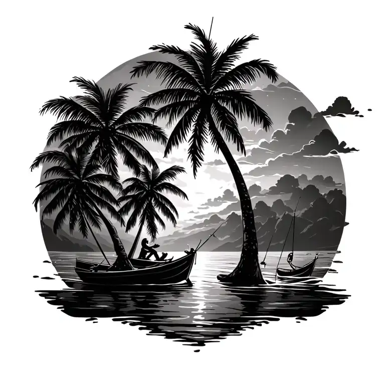 palm trees and fishing scene tattoo design idea