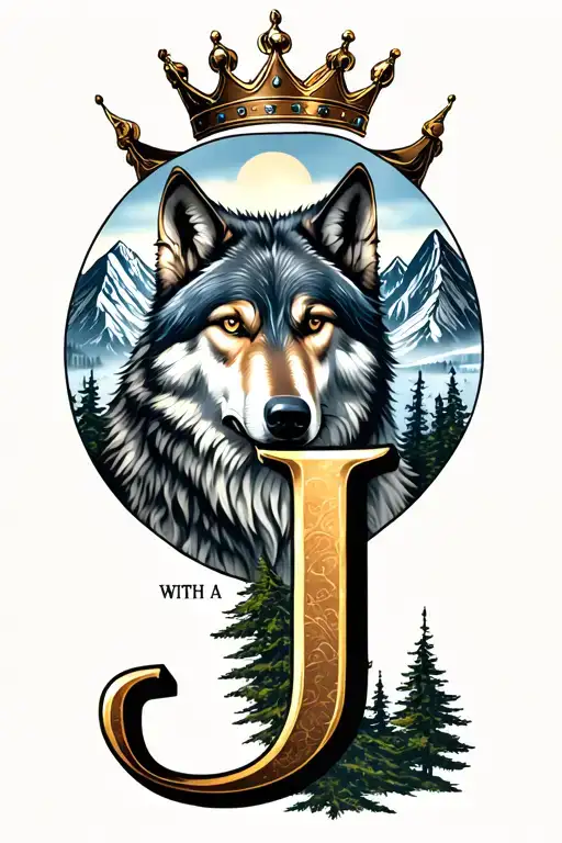 "J with a crown" wolf and  mountains and trees with letter J and crown tattoo design idea