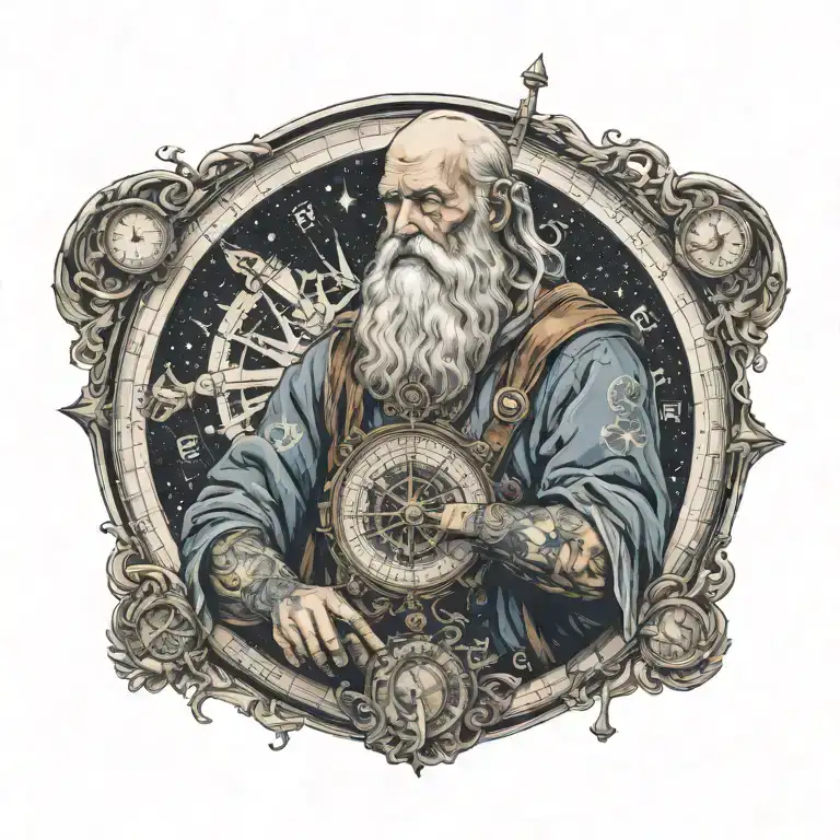 Father Time with tattoos, crying, holding a nautical compass, starry night background  tattoo design idea