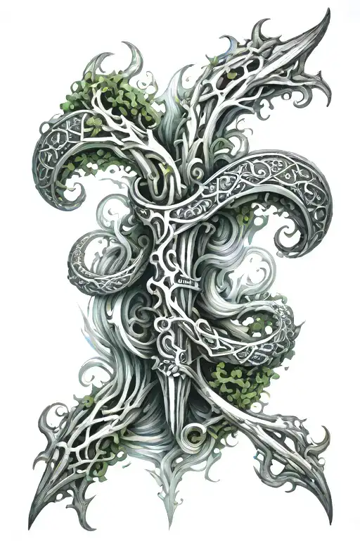 poseidons trident wrapped in seaweed, waves forming human shape behind the trident  tattoo design idea