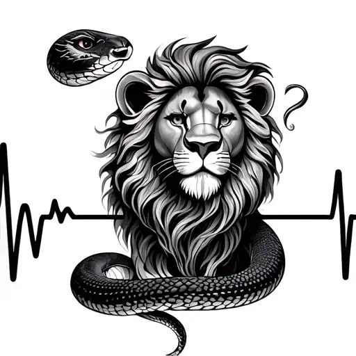 snake and lion with baby heartbeat line tattoo design idea