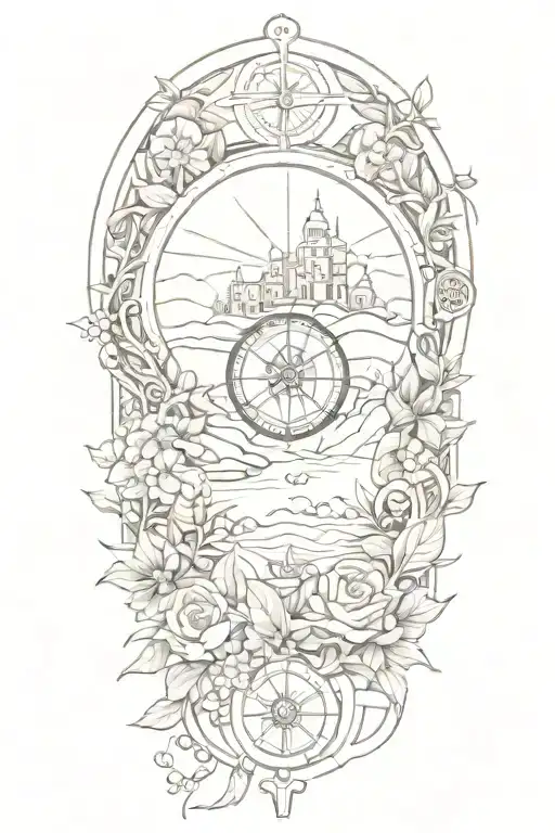 tattoo featuring roman landscape, compass, globe surrounded by flowers and vines tattoo design idea