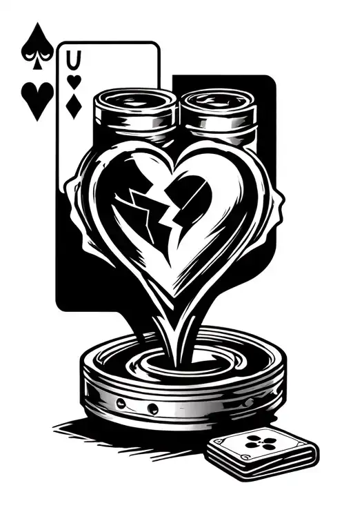 Piston and broken heart with a card game next to place a motorcycle counter tattoo design idea