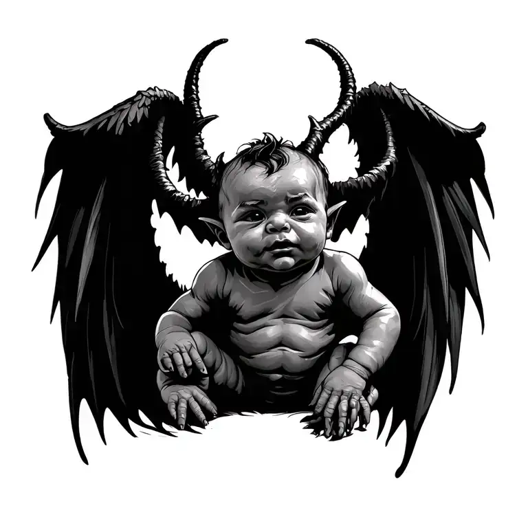 demon baby and angle babyfacing inwards cartoony no back ground make look free hand just white not at much shading  tattoo design idea
