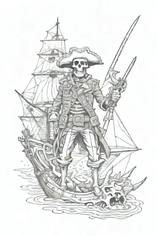skeleton pirate with blunderbuss and sword standing at the tip of his sinking shipwreck tattoo design idea