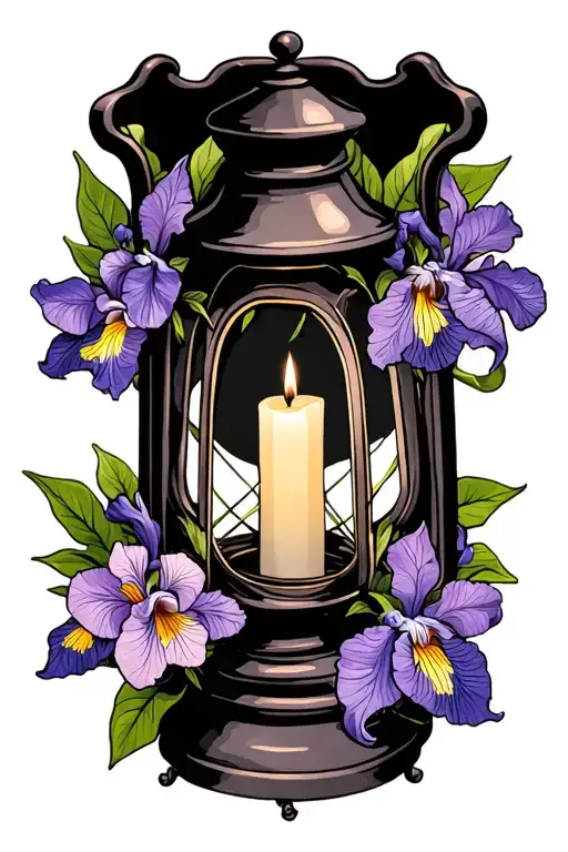 gothic lantern with candle inside and iris flower and dogwood flowers  tattoo design idea