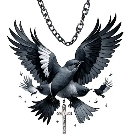 flying flock lil birds cross necklace tattoo design idea