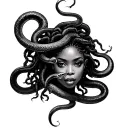 beautiful black woman Medusa curvy body shaped like a snake with snakes as hair like dreadlocks full lips and large brea tattoo design idea