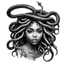 beautiful black woman Medusa curvy body shaped like a snake with snakes as hair like dreadlocks full lips and large brea tattoo design idea