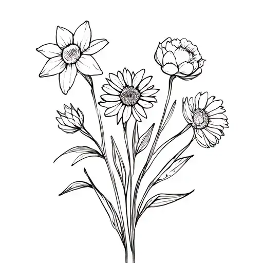 flower bouquet with one daffodil, one aster, one cosmos and one peony  tattoo design idea