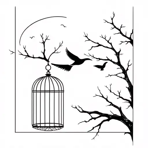bird flying in the middle of the night and a moon and a cage hanging from a tree tattoo design idea
