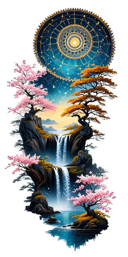 Collage of mandala Constellations, Buddhist landscape,Trees,Waterfall,Wood steampunk Gears, cherry blossoms tattoo design idea