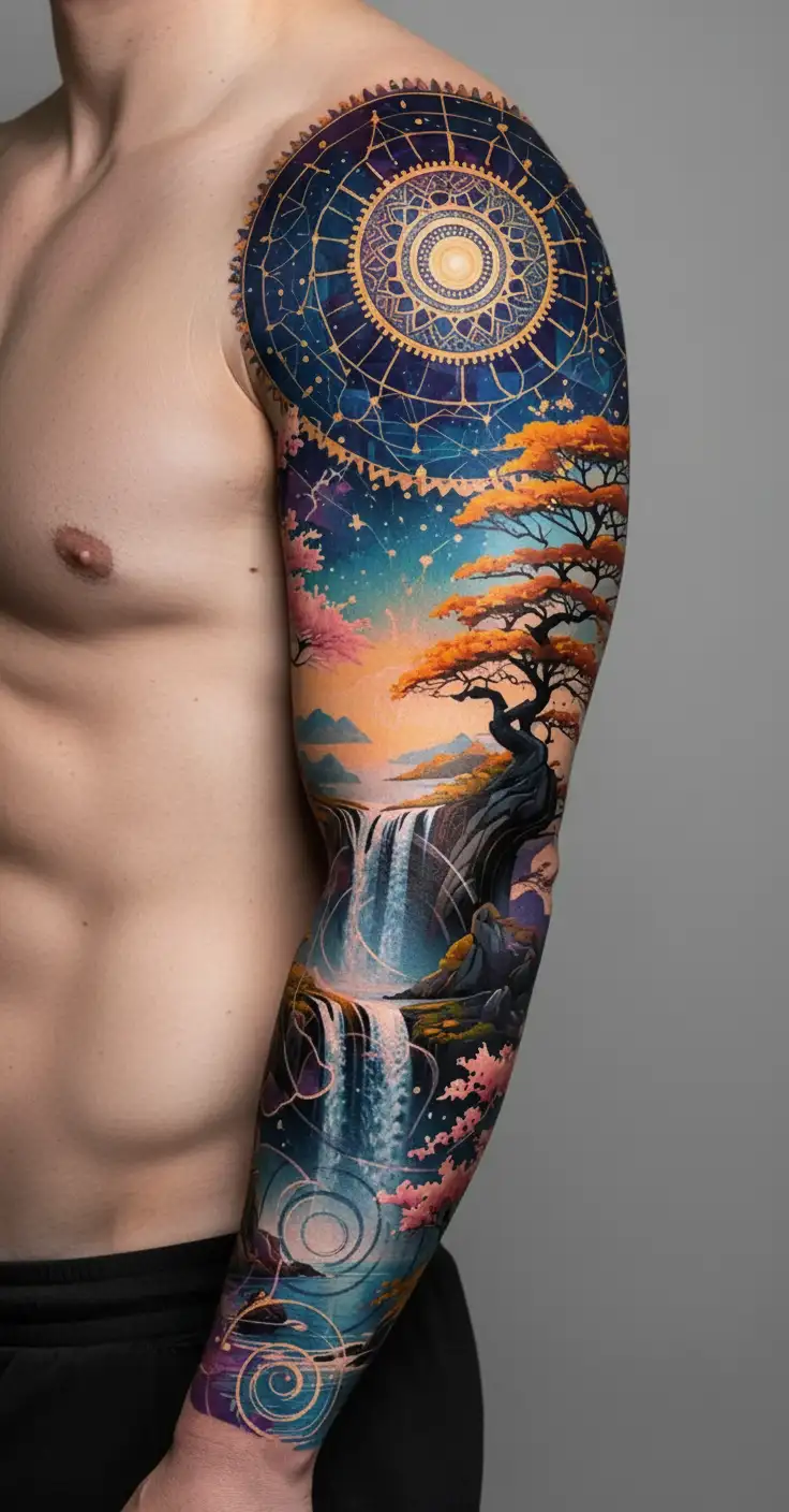 Collage of mandala Constellations, Buddhist landscape,Trees,Waterfall,Wood steampunk Gears, cherry blossoms tattoo design idea