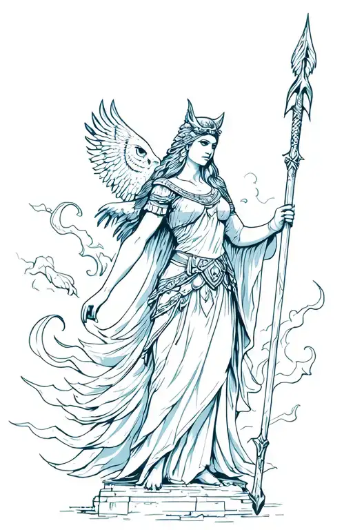 Athena warrior princess holding spear above an owl with background flowing  tattoo design idea