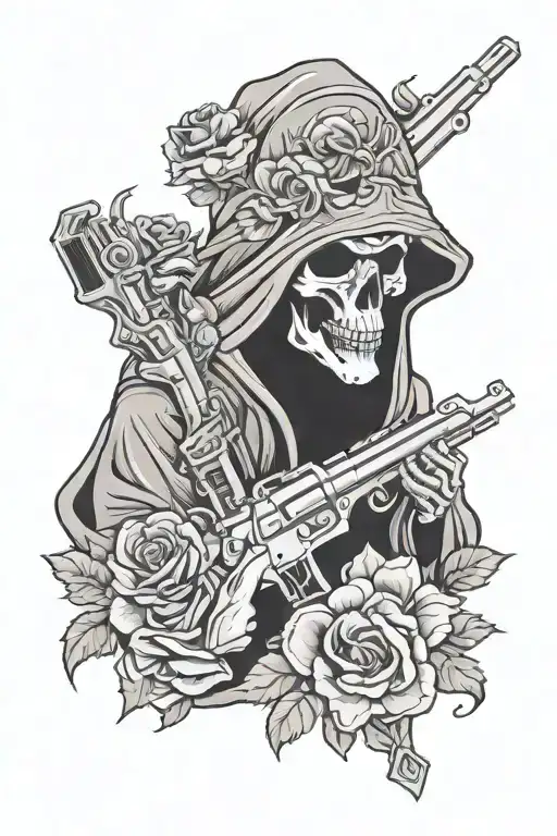 grim reaper wrapped in roses holding a gun and wearing night vision goggle tattoo design idea