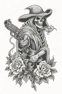 grim reaper wrapped in roses holding a gun and wearing night vision goggle tattoo design idea
