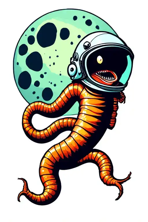 Wes Anderson style earthworm wearing a space helmet floating in front of the moon tattoo design idea