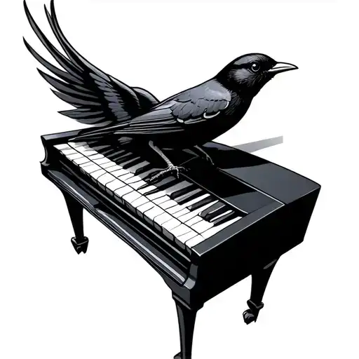 blackbird on top of piano keyboard one wing up tattoo design idea