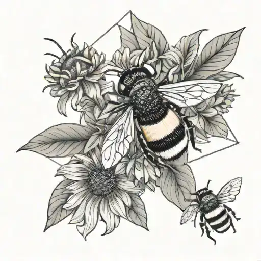 black eyed Susan and bumblebee flying tattoo design idea