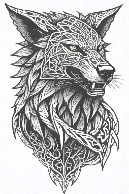 angry fenrir with runes wrapping, nordic tattoo design idea