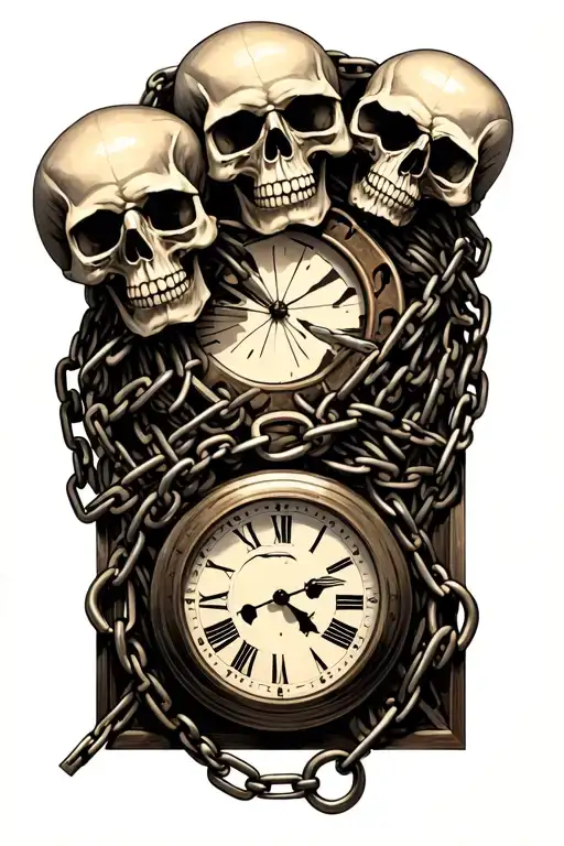 skulls wrapped in chains and a broken clock with hand cuffs tattoo design idea