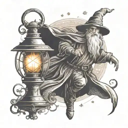 wizard and lantern woodcut style tattoo design idea