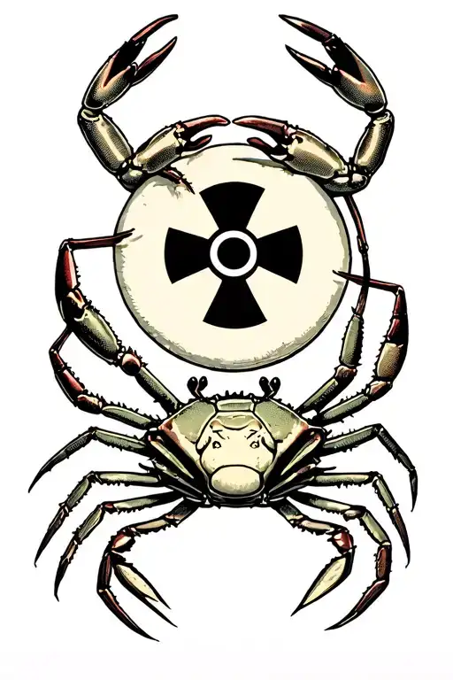 crab riding a nuke radiation symbol on back tattoo design idea