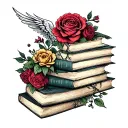 books with flowers, Jane Austen, a court of thorns and roses, fourth wing, Harry Potter.  tattoo design idea