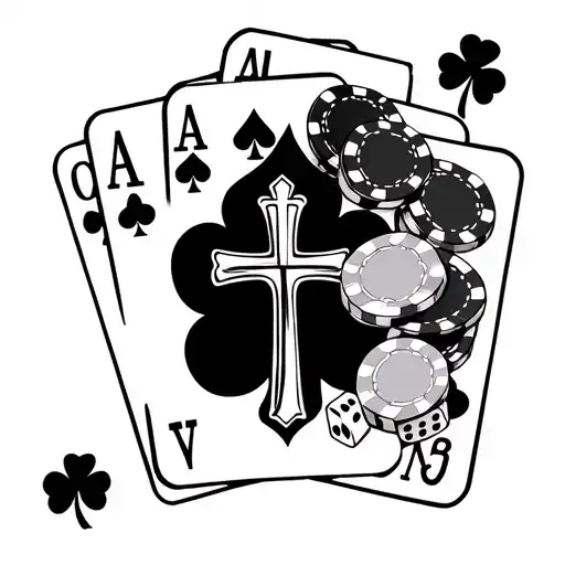 Arm Sleeve tattoo, a cross, 3 playing cards with poker chips and dice, a four leaf clover,numbers 48188, and cloud shade tattoo design idea
