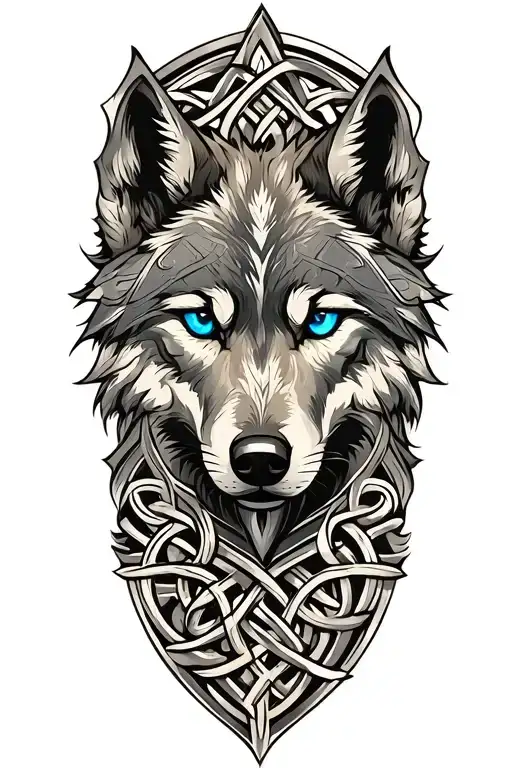wolf with blue eyes on armor tattoo design featuring Celtic trinity knot  tattoo design idea