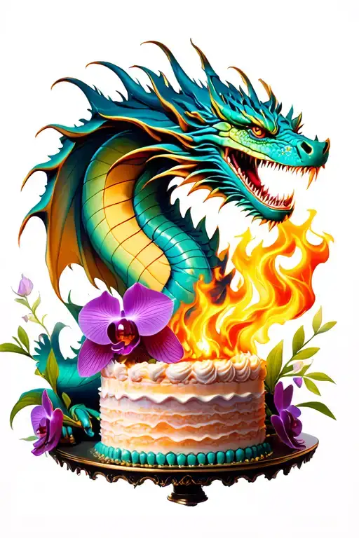 Dragon breathing fire onto a cake with orchids tattoo design idea