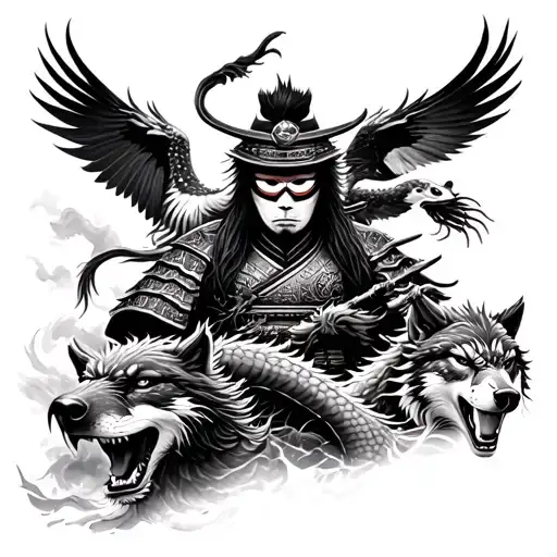 realistic style black and white arm sleeve Featuring a samurai with mask at the top, beneath Asian dragon, falcon & wolf tattoo design idea